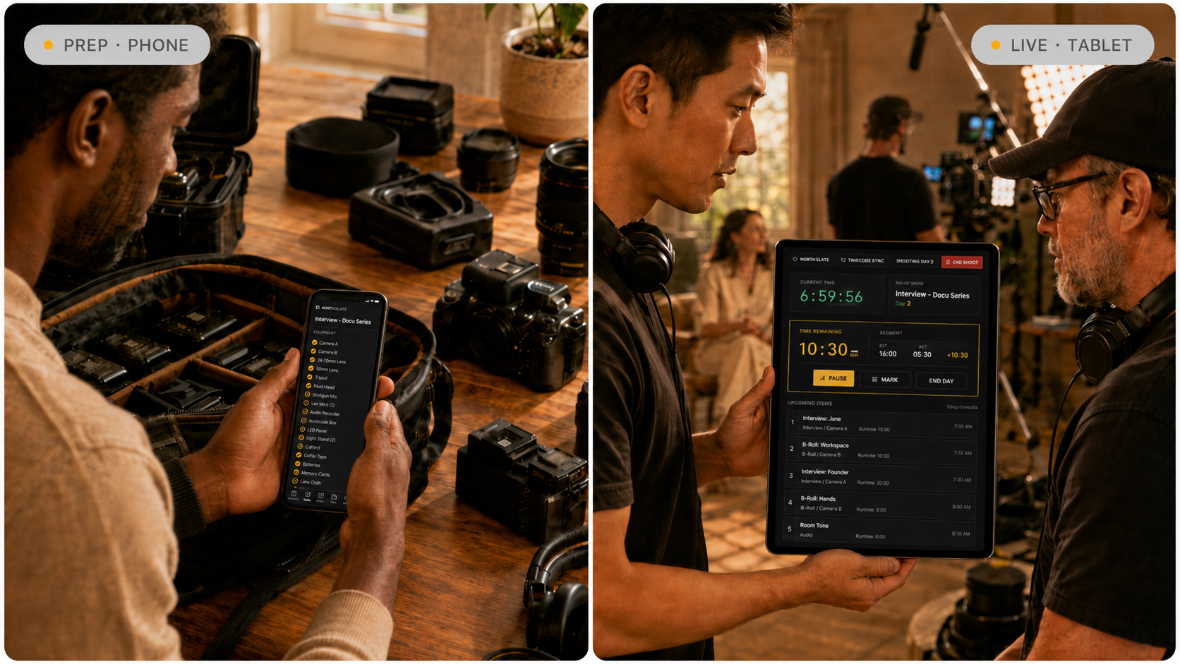 Left: a gaffer checking the gear list on a phone next to camera cases. Right: a 1st AD running the day from a tablet showing time remaining and upcoming items.