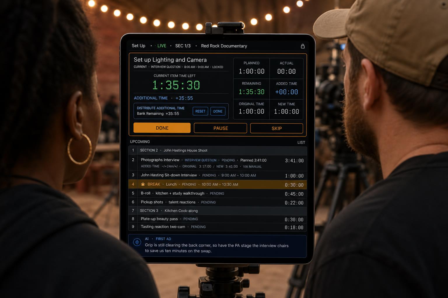 NorthSlate Live Production mode on a tablet held on a real film set, showing a live countdown timer and current scene.
